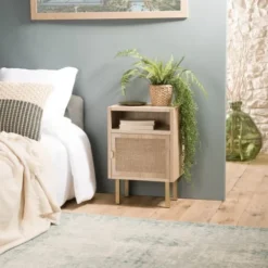 MACABANE Tables De Chevet Chevet 1 Niche 1 Porte Toile De Jute Pieds Métal Doré -SURMATELAS Soldes chevet 1 niche 1 porte toile de jute pieds metal dore 1