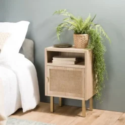 MACABANE Tables De Chevet Chevet 1 Niche 1 Porte Toile De Jute Pieds Métal Doré -SURMATELAS Soldes chevet 1 niche 1 porte toile de jute pieds metal dore 3