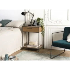 MACABANE Tables De Chevet Chevet 1 Tiroir 1 étagère Bois Sapin Et Métal -SURMATELAS Soldes chevet 1 tiroir 1 etagere bois sapin et metal 1