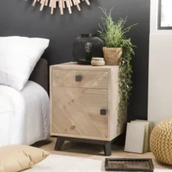 MACABANE Tables De Chevet Chevet 1 Tiroir 1 Porte Beige Pieds En Sapin Noir -SURMATELAS Soldes chevet 1 tiroir 1 porte beige pieds en sapin noir 1