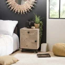 MACABANE Tables De Chevet Chevet 1 Tiroir 1 Porte Beige Pieds En Sapin Noir -SURMATELAS Soldes chevet 1 tiroir 1 porte beige pieds en sapin noir 3