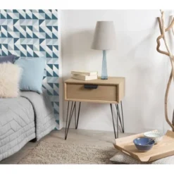 MACABANE Tables De Chevet Chevet 1 Tiroir En Bois Naturel Pieds épingles En Métal Noir -SURMATELAS Soldes chevet 1 tiroir en bois naturel pieds epingles en metal noir 1