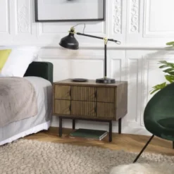 MACABANE Tables De Chevet Chevet 2 Tiroirs Acacia Pieds Métal Noir -SURMATELAS Soldes chevet 2 tiroirs acacia pieds metal noir 1