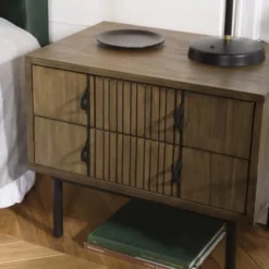 MACABANE Tables De Chevet Chevet 2 Tiroirs Acacia Pieds Métal Noir -SURMATELAS Soldes chevet 2 tiroirs acacia pieds metal noir 2