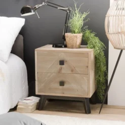 MACABANE Tables De Chevet Chevet 2 Tiroirs Beige Pieds En Sapin Noir -SURMATELAS Soldes chevet 2 tiroirs beige pieds en sapin noir 1