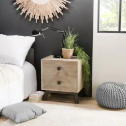 MACABANE Tables De Chevet Chevet 2 Tiroirs Beige Pieds En Sapin Noir -SURMATELAS Soldes chevet 2 tiroirs beige pieds en sapin noir 3