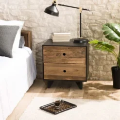 MACABANE Tables De Chevet Chevet 2 Tiroirs En Pin Recyclé Naturel Et Noir -SURMATELAS Soldes chevet 2 tiroirs en pin recycle naturel et noir 3
