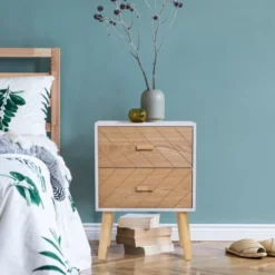 Homcom Tables De Chevet Chevet Design Scandinave Bicolore Blanc Hêtre -SURMATELAS Soldes chevet design scandinave bicolore blanc hetre 3