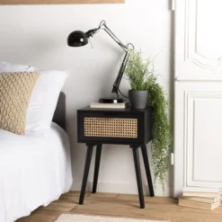 MACABANE Tables De Chevet Chevet En Bois 1 Tiroir Cannage Noir -SURMATELAS Soldes chevet en bois 1 tiroir cannage noir 1