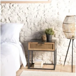 MACABANE Tables De Chevet Chevet En Métal Noir 1 Tiroir Cannage Couleur Naturelle -SURMATELAS Soldes chevet en metal noir 1 tiroir cannage couleur naturelle 1