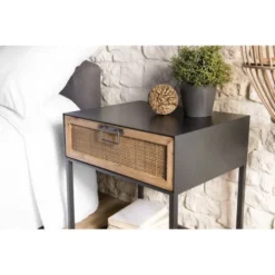 MACABANE Tables De Chevet Chevet En Métal Noir 1 Tiroir Cannage Couleur Naturelle -SURMATELAS Soldes chevet en metal noir 1 tiroir cannage couleur naturelle 2