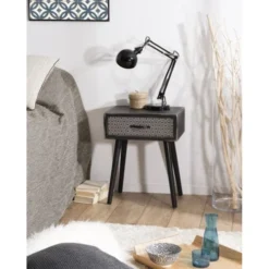 MACABANE Tables De Chevet Chevet En Pin Noir 1 Tiroir Motifs Noirs Et Blancs -SURMATELAS Soldes chevet en pin noir 1 tiroir motifs noirs et blancs 1