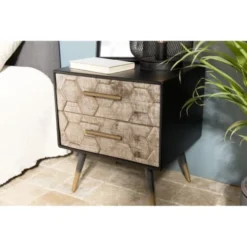 MACABANE Tables De Chevet Chevet Noir 2 Tiroirs En Sapin Marqueté Pieds Métal Doré -SURMATELAS Soldes chevet noir 2 tiroirs en sapin marquete pieds metal dore 3