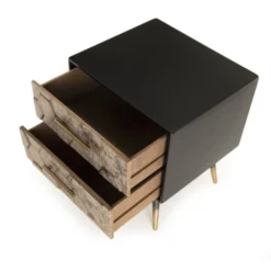 MACABANE Tables De Chevet Chevet Noir 2 Tiroirs En Sapin Marqueté Pieds Métal Doré -SURMATELAS Soldes chevet noir 2 tiroirs en sapin marquete pieds metal dore 4