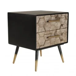 MACABANE Tables De Chevet Chevet Noir 2 Tiroirs En Sapin Marqueté Pieds Métal Doré -SURMATELAS Soldes chevet noir 2 tiroirs en sapin marquete pieds metal dore 5
