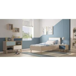 Meubletmoi Tables De Chevet Table De Chevet 1 Tiroir Décor Chêne Et Bleu -SURMATELAS Soldes table de chevet 1 tiroir decor chene et bleu 1