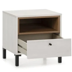 HOMN Tables De Chevet Table De Chevet 1 Tiroir Et 1 Niche, Couleur Blanc Et Bois -SURMATELAS Soldes table de chevet 1 tiroir et 1 niche couleur blanc et bois 2