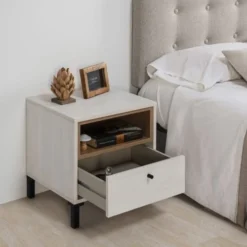 HOMN Tables De Chevet Table De Chevet 1 Tiroir Et 1 Niche, Couleur Blanc Et Bois -SURMATELAS Soldes table de chevet 1 tiroir et 1 niche couleur blanc et bois 4