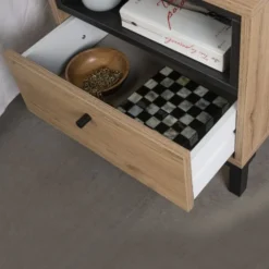 HOMN Tables De Chevet Table De Chevet 1 Tiroir Et 1 Niche, Couleur Bois Et Noire -SURMATELAS Soldes table de chevet 1 tiroir et 1 niche couleur bois et noire 4