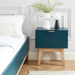 ELLE Décoration Tables De Chevet Table De Chevet 1 Tiroir - Laqué Bleu Canard -SURMATELAS Soldes table de chevet 1 tiroir laque bleu canard 1