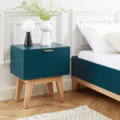 ELLE Décoration Tables De Chevet Table De Chevet 1 Tiroir - Laqué Bleu Canard -SURMATELAS Soldes table de chevet 1 tiroir laque bleu canard 2