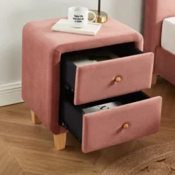 Homifab Tables De Chevet Table De Chevet 2 Tiroirs En Velours Rose Blush -SURMATELAS Soldes table de chevet 2 tiroirs en velours rose blush 3