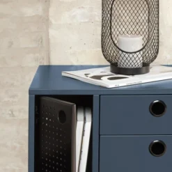 TEULAT Tables De Chevet Table De Chevet 2 Tiroirs Et 1 Porte En En Bleu Foncé Et Noir -SURMATELAS Soldes table de chevet 2 tiroirs et 1 porte en en bleu fonce et noir 2