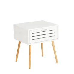 Wenko Tables De Chevet Table De Chevet Avec 1 Tiroir En Bambou Et Mdf Blanc