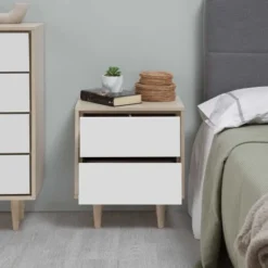 HOMN Tables De Chevet Table De Chevet Avec 2 Tiroirs Couleur Chêne/blanc -SURMATELAS Soldes table de chevet avec 2 tiroirs couleur chene blanc 5