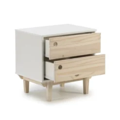 HOMN Tables De Chevet Table De Chevet Avec 2 Tiroirs En Couleur Blanc, Pieds Bois Naturel -SURMATELAS Soldes table de chevet avec 2 tiroirs en couleur blanc pieds bois naturel 2