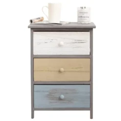Mobili Rebecca Tables De Chevet Table De Chevet Colorée Avec 3 Tiroirs En Bois Gris Bleu Et Blanc -SURMATELAS Soldes table de chevet coloree avec 3 tiroirs en bois gris bleu et blanc 1