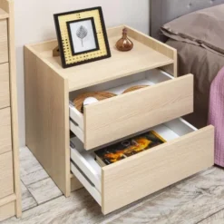 HOMN Tables De Chevet Table De Chevet De 2 Tiroirs, Couleur Chêne -SURMATELAS Soldes table de chevet de 2 tiroirs couleur chene 4