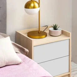 HOMN Tables De Chevet Table De Chevet De 2 Tiroirs, Couleur Chêne/blanc -SURMATELAS Soldes table de chevet de 2 tiroirs couleur chene blanc 4