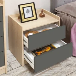 HOMN Tables De Chevet Table De Chevet De 2 Tiroirs, Couleur Chêne/gris -SURMATELAS Soldes table de chevet de 2 tiroirs couleur chene gris 3
