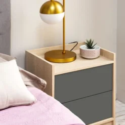 HOMN Tables De Chevet Table De Chevet De 2 Tiroirs, Couleur Chêne/gris -SURMATELAS Soldes table de chevet de 2 tiroirs couleur chene gris 5