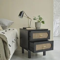 Bois Dessus Bois Dessous Tables De Chevet Table De Chevet En Manguier Noir Et Cannage -SURMATELAS Soldes table de chevet en manguier noir et cannage 2