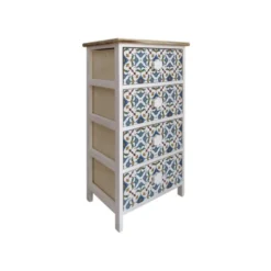 Mobili Rebecca Tables De Chevet Table De Chevet Majolique Avec 3 Tiroirs En Bois Brun Et Bleu Et Blanc -SURMATELAS Soldes table de chevet majolique avec 3 tiroirs en bois brun et bleu et blanc 3