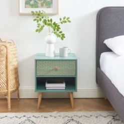 Baita Tables De Chevet Table De Chevet Vert De Gris Et Effet Bois 1 Tiroir -SURMATELAS Soldes table de chevet vert de gris et effet bois 1 tiroir 3