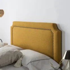 HOMN Têtes De Lit Tête De Lit Tapissée 140x60 Cm Moutarde, Clous En Marron -SURMATELAS Soldes tete de lit tapissee 140x60 cm moutarde clous en marron 4